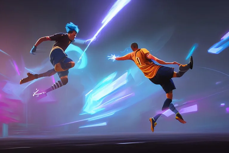 Oil painting, full body of a soccer player, he is kicking the ball, the ball is flying, bright but not neon colours, dynamic lines, dynamic blobs, spots, lines in the background of the character, splash like a colour explosion