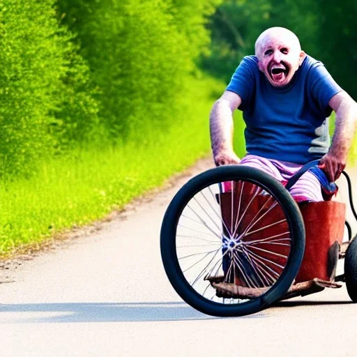 a mentally ill man with a few teeth, riding a tricycle