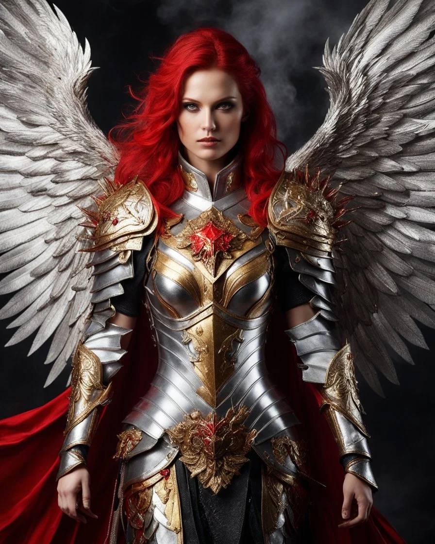 Gorgeous Photography Beautiful Woman dressing silver and golden knight armor with glowing red eyes, and a ghostly red flowing cape, crimson trim flows throughout the armor, golden and silver spikes erupt from the shoulder pads, silver and gold angel wings, crimson hair, spikes erupting from the shoulder pads and gauntlets in hellfire background