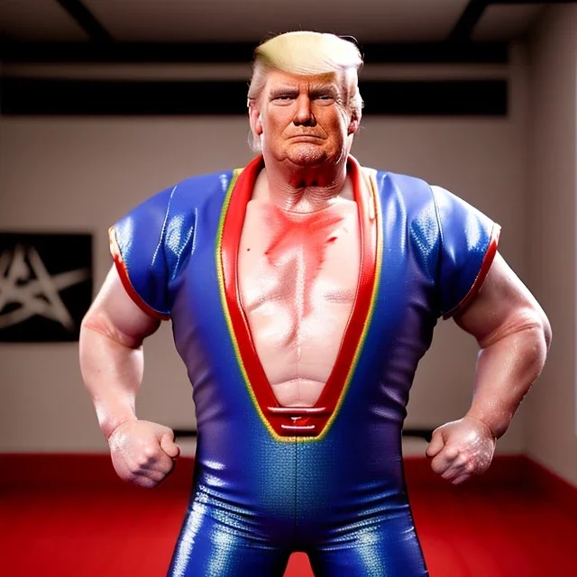 Realistic photo, Wrestler Donald trump, wrestling, sweat, blood, red breeches, suspenders, retro style, 80s, hot ambient, photo studio, vibrant color, gradient, highly detailed, art stations, concept art, smooth, unreal engine 5, god rays, ray tracing, RTX, lumen lighting, ultra detail, volumetric lighting, 3d, finely drawn, high definition, high resolution.