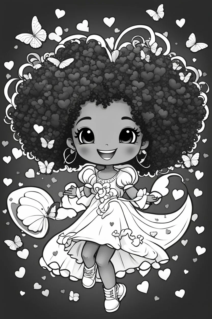 create a coloring page of a chibi girl with a curly afro ponytails dancing around hearts and butterflies. she smilies while shes playing, black and white