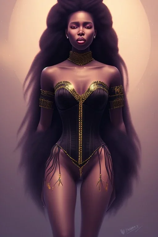 A portrait of a beautiful youthful black woman, wearing a black corset, long black hair, wizard, magical, ethereal, intricate bright lighting. Concept art by wlop. Ultra quality 8k.