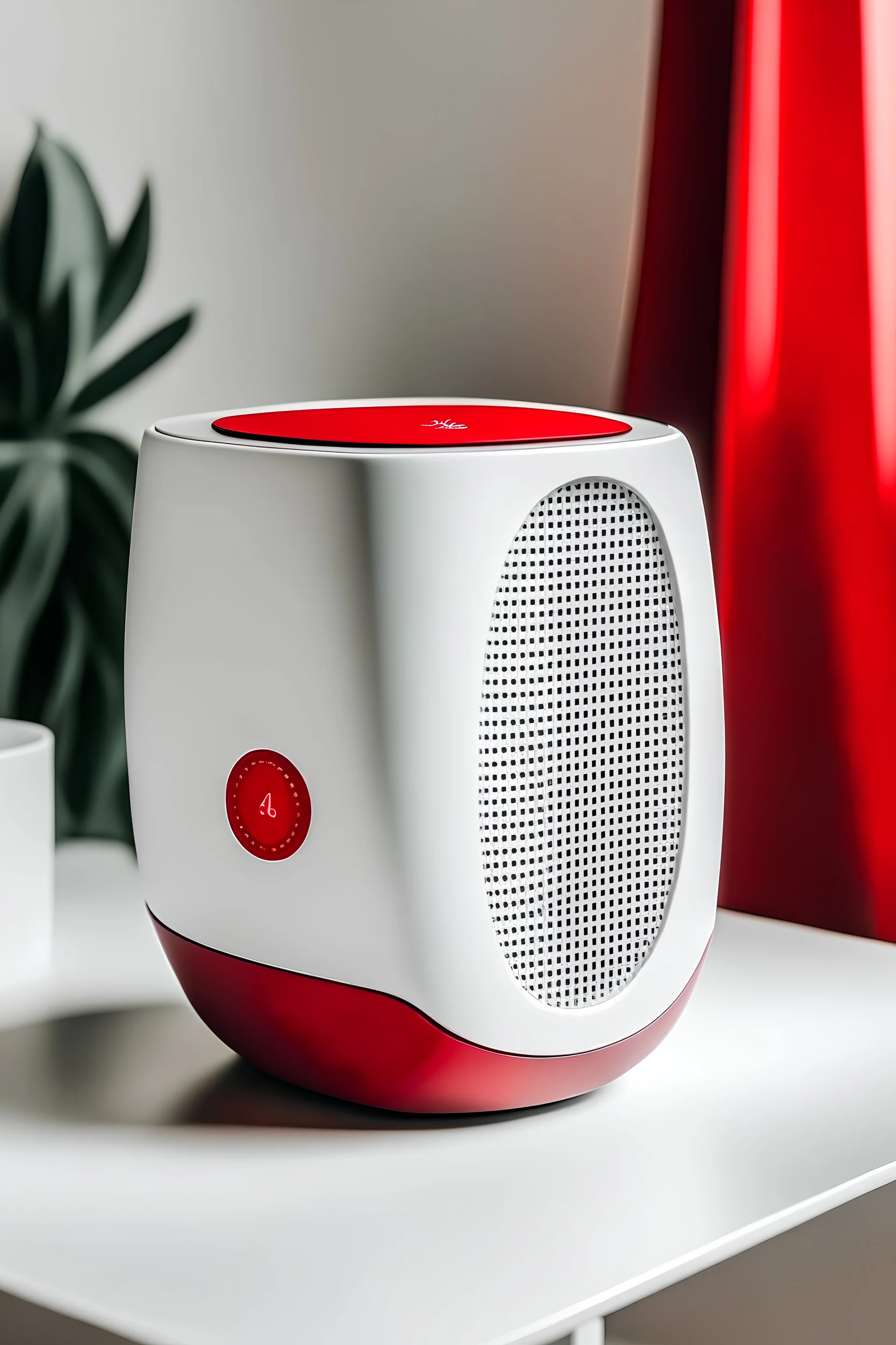 A white air purifier with a small red circle in the center