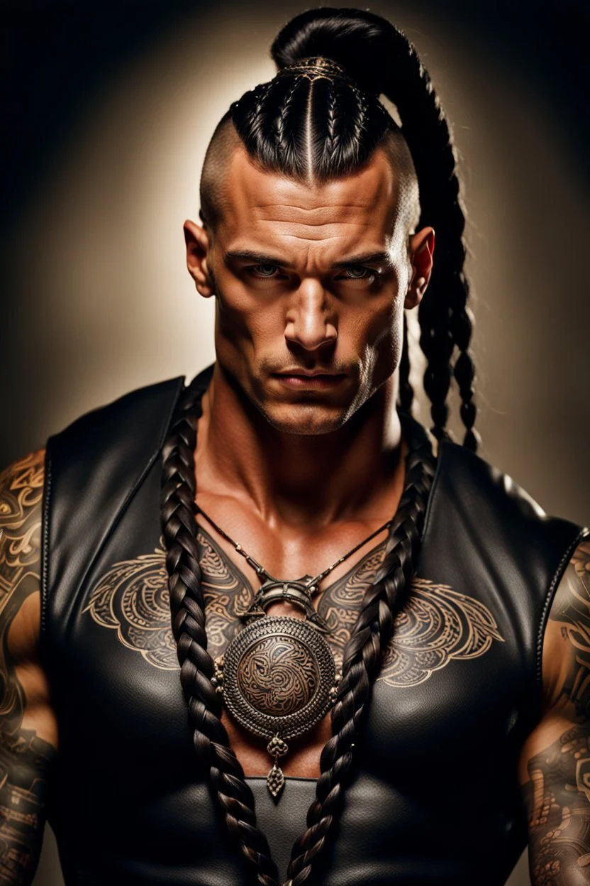 portrait of a 35 year old Handsome muscular warrior with tanned skin adorned with tattoos and dark braided hair. photorealistic