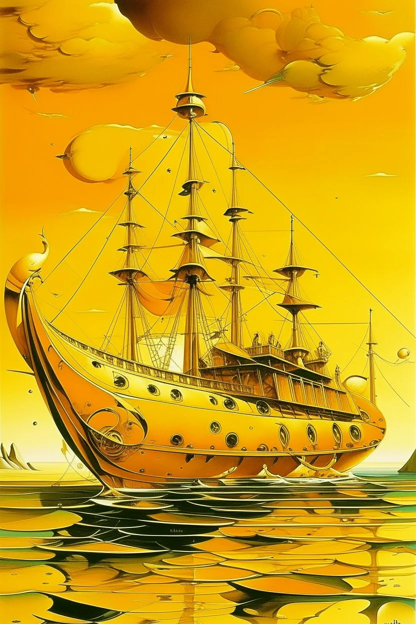 A golden yellow yacht with clocks painted by Salvador Dali