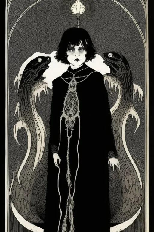 7 year old boy, necromancer, friendly, looks dead,with a long lamprey emerging from his belly , wearing black robes, in the style of Harry Clarke
