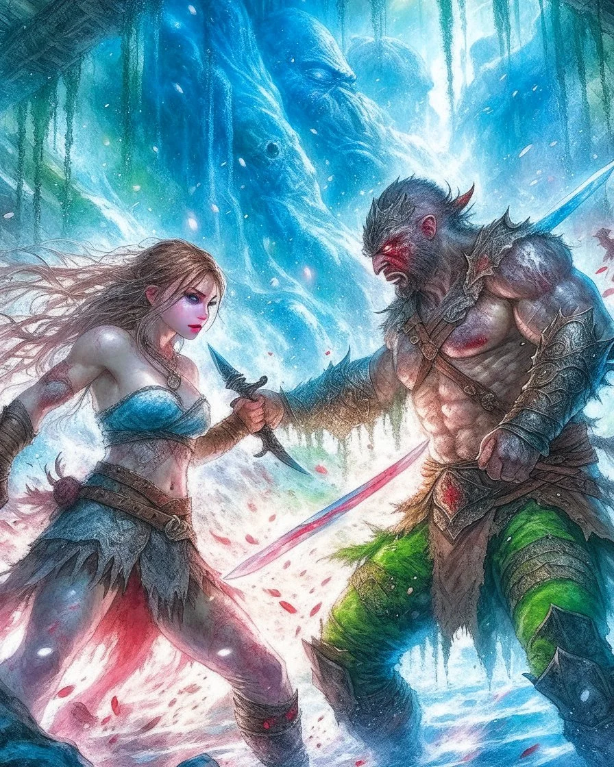 Beautiful adventuress fighting against an orc in a dim dungeon. Blood splatters and wounds. , Luis Royo, Clint Cearley, Daarken, Jeremy Mann, hyper-detailed, hyperrealistic, digital art, detailed background, fairy tale, cinematic, vibrant pastel colours