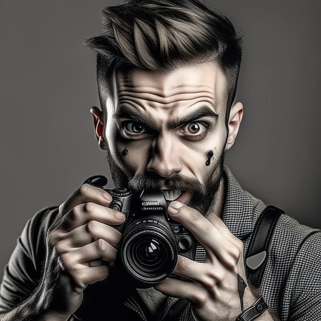 manic man with scar on his face holding a camera