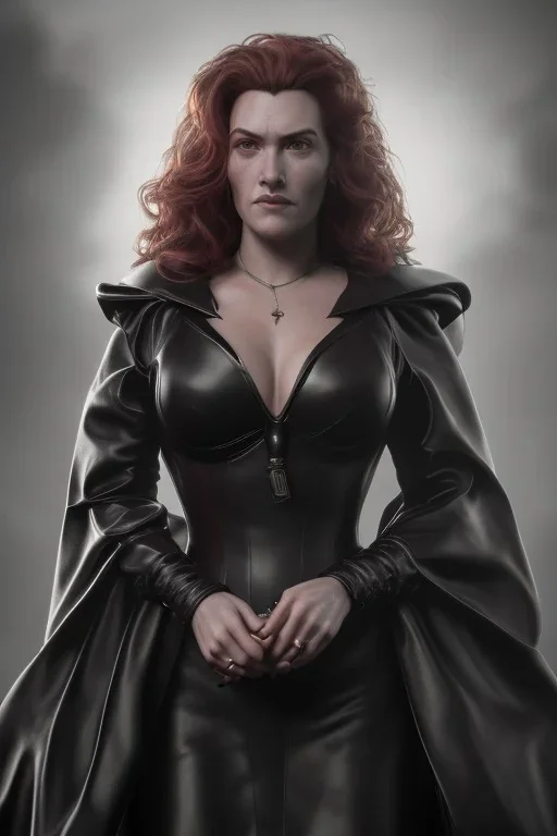 Kate Winslet as evil queen in black leather gown, cleavage, angry, stern look unreal 5, octane render,cinema4d, dynamic lighting, dramatic lighting, 4k, redshift render, highly detailed, hyper realistic