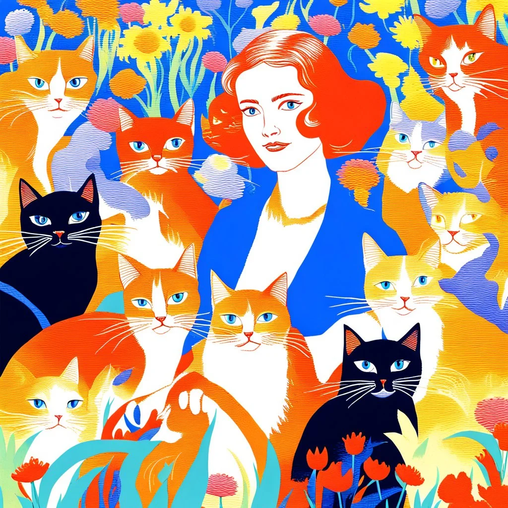 A mesmerizing fantasy scene features a French actor, Hélène Rollès, surrounded by a plethora of cats, all displaying delighted expressions. Surrounding the actor are peculiar, brightly colored flowers, which add a sense of whimsy and intrigue to the composition. Employing chiaroscuro and intense colors, the artwork boasts a colorful, vibrant background that enhances the depth of color throughout the piece. Exquisite details and perfect composition are evident, while natural lighting adds to the