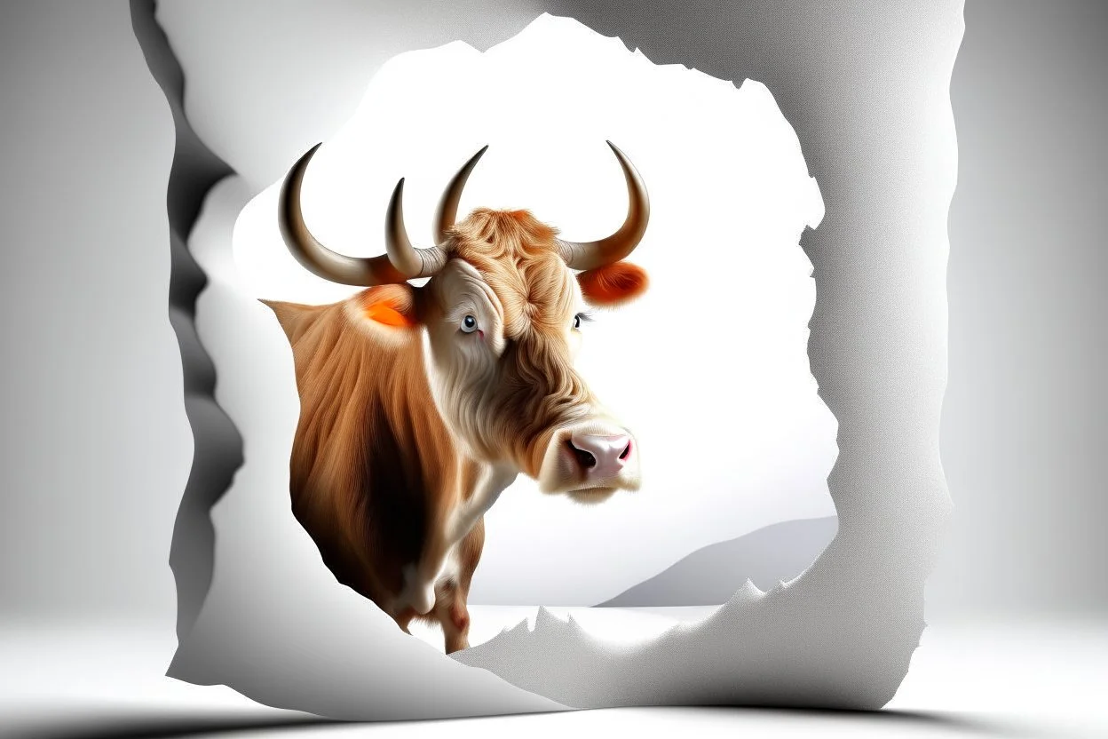 white,background,looking,through,a 3-d, broken,window,with,sharp,edges hole,watching,a,highland cow