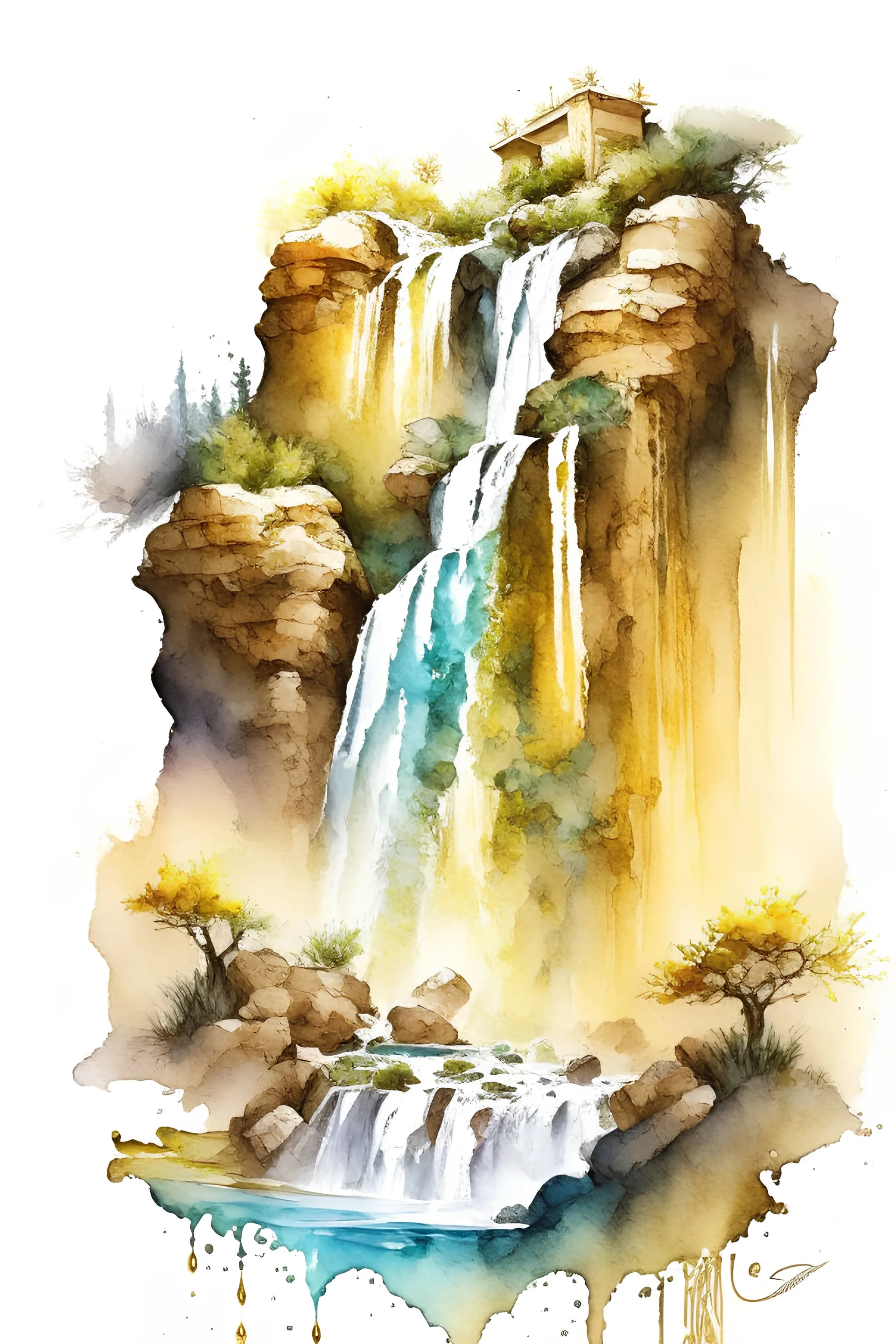 Persian's minitour in top-down game water color gold fantasy waterfall