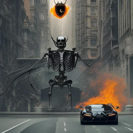 Fire head skeleton Rider wearing a black leather on black Lamborghini in the middle of street rounded by high tower in a City