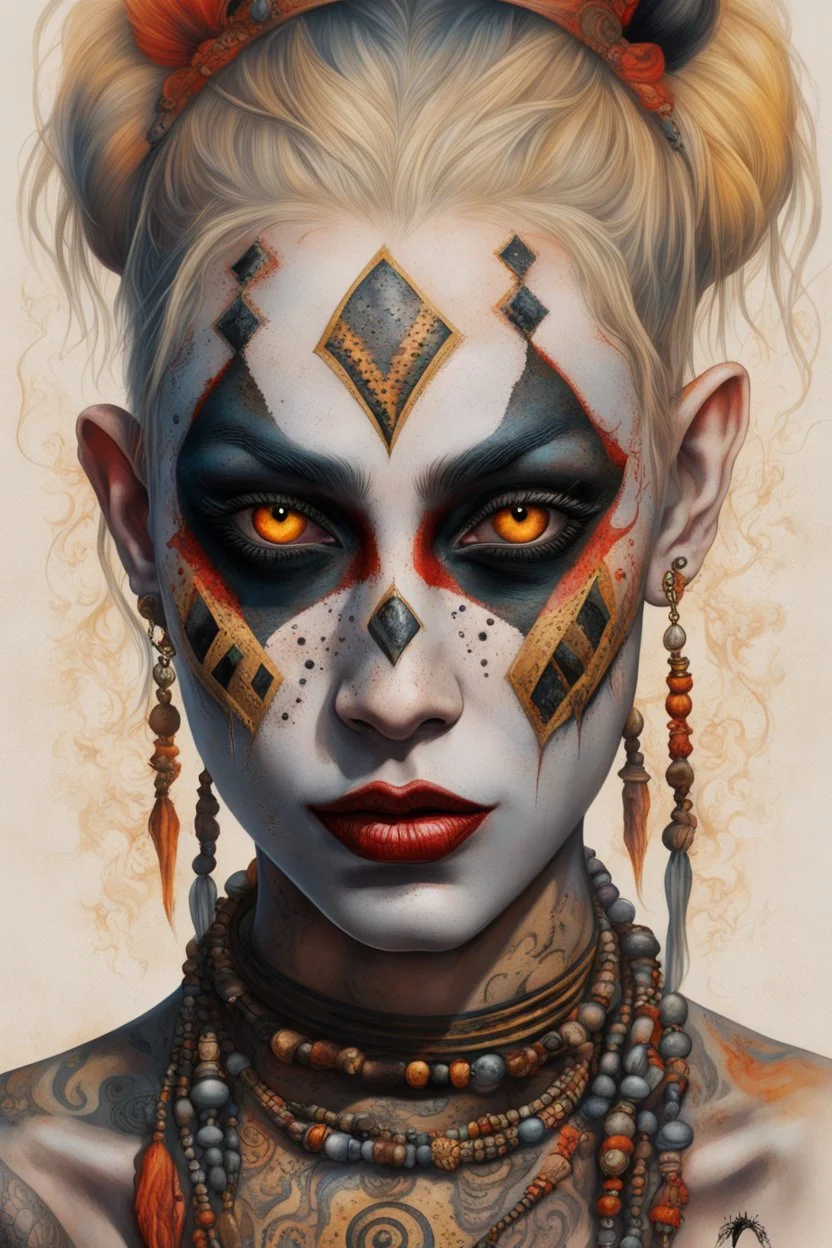 realistic portrait of harley quinn Hyperrealism, Ethereal portrait of a mystical being with tribal features, vibrant orange eyes, reptilian pupils, intricate scale-like patterns around the eyes, pale skin adorned with freckles, tribal tattoo on the nose bridge. Adorned in a weathered yellow tribal mask with dark markings, a central rivet, necklaces of gold, black, and red beads, a rustic red and dark green scarf with intricate designs, and small earrings. Serene expression, intense gaze, desatur