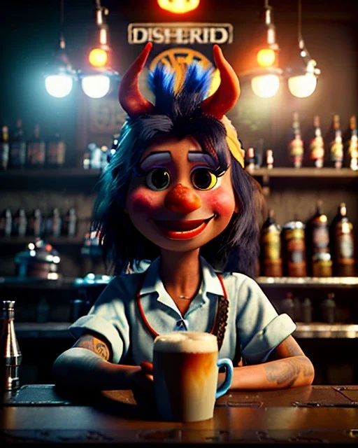 Pub scene, hybrid character, waitress sexy British woman with monster muppet mask that covers her entire head, Sesame Street style, retro style, short shirt, tray, beer, old school tattoo, hot, smooth, unreal engine 5, god lights, ray tracing, RTX, lumen lighting, ultra detail, volumetric lighting, 3d.