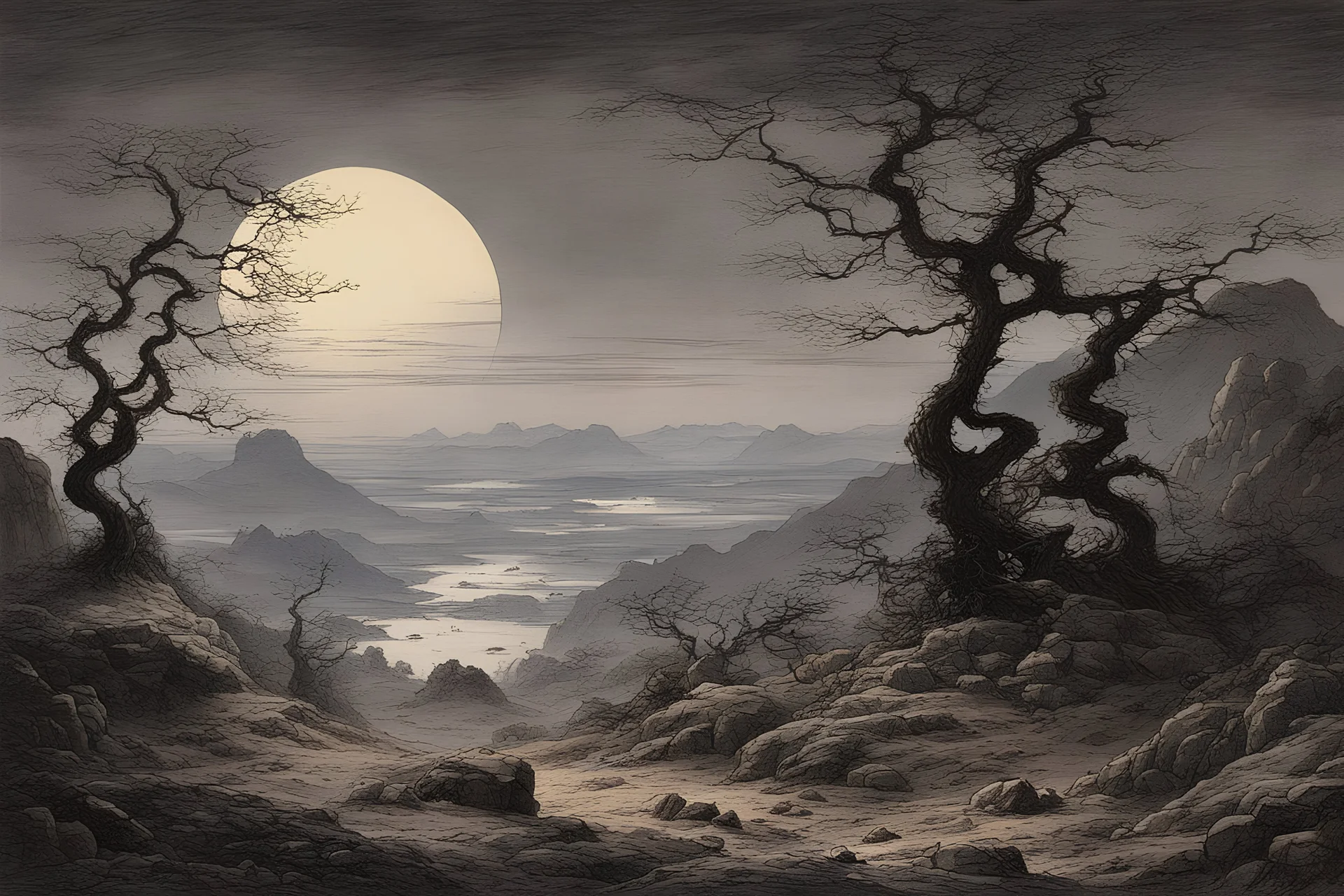 night, dark fantasy influence, philosophic and inmaterial influence, rocks, dry trees, flowers, distant house, japanese manga style, friedrich eckenfelder, ferdinand georg waldmuller, and auguste oleffe paintings