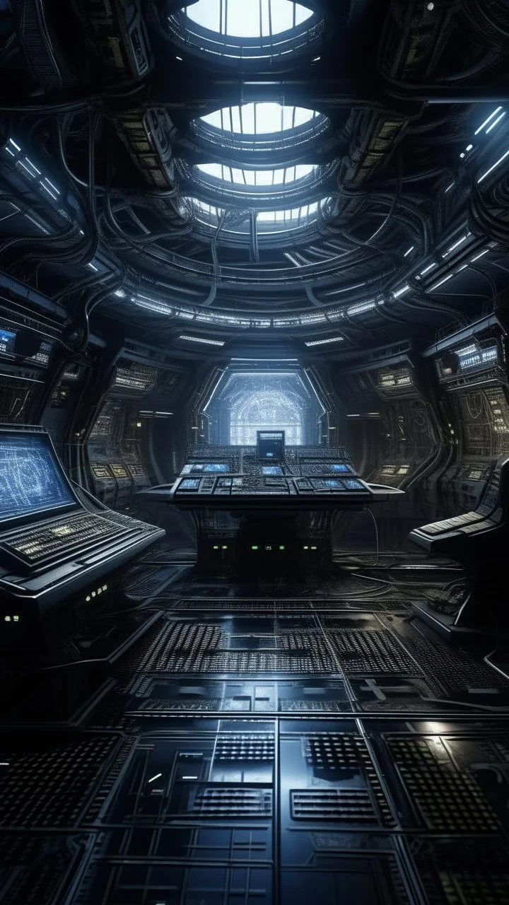 Si-Fi, in side a complicated structure is aliens spaceship control room , atmospheric lighting effects, intricate industrial details, moody atmosphere, eerie grimdark ambiance, complex motherboard accents, speculative fiction art. Bokeh