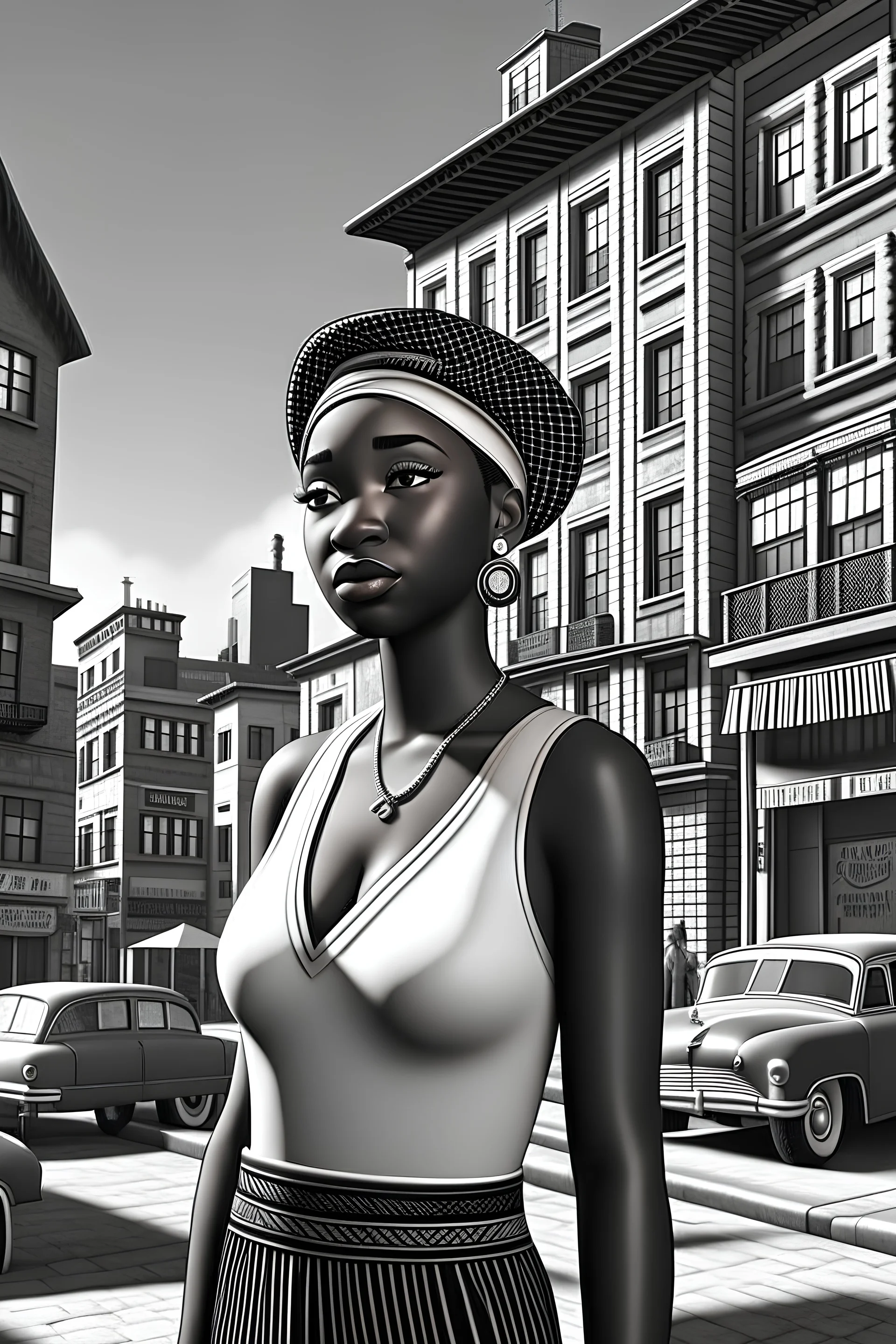 african city, noir character, black and white, 4k, realistic, 1930s style