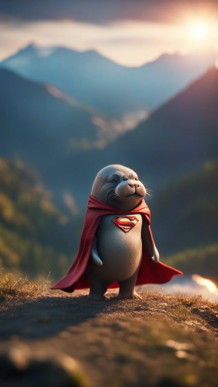 Superman as Vampire walrus in carpathians montains sun set ,bokeh like f/0.8, tilt-shift lens 8k, high detail, smooth render, down-light, unreal engine, prize winning