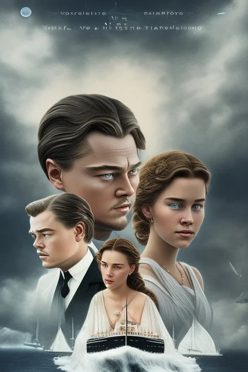 Young Leonardo dicaprio and Kate winslate, big ship Titanic movie poster