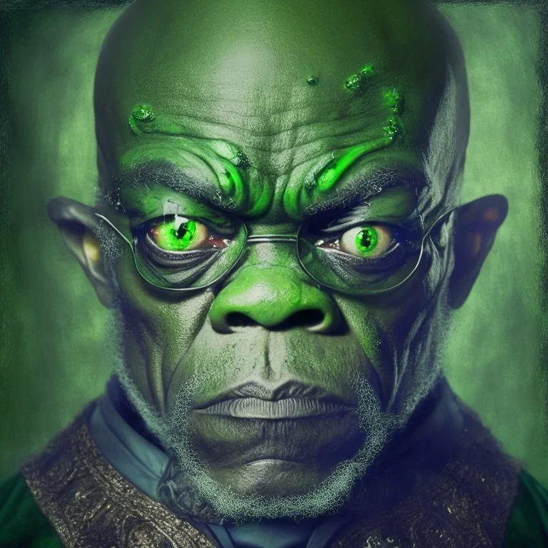 pintura barroca de samuel l jackson con ojos alienigenas, con tintes oscuros verdes apagado