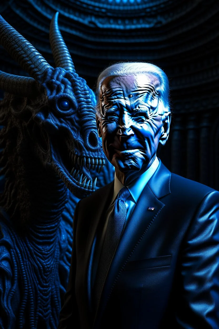 biden as a goat in the style of giger, spraypaint, photorealism, trending on artstation, 8k, depth of field, downlight, lightrays, volumetric, labyrinth, brown and blue