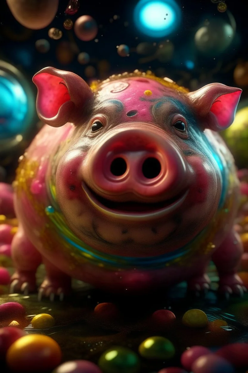 portrait of huge fat pig with a wicked smile inside a pile of transparent jelly bubbles of weird colours with insect aliens inside, disco egg made of small mirror, light rayz, feast table ,shot on Hasselblad h6d-400c, zeiss prime lens, bokeh like f/0.8, tilt-shift lens 8k, high detail, smooth render, down-light, unreal engine, prize winning