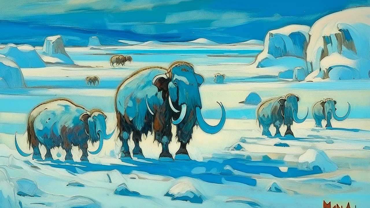 A cyan snow covered tundra with electrical mammoths painted by Wassily Kandinsky