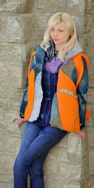 European blonde woman. Mantle is sewed of recycled Denim and sewed together of recycled polymer felt. Camouflage colors are terracotta, cream and purple, lilac. Cream latex gaiter. Yellow(Munsell)!hint of orange as effect color!!Big bright purple/khaki felt tippet and cream or blue or lilac colored-hood. mantle is merged with satchel. . AKG-style headphones (gold rings!) is merged with small felt cap with small visor. Style: Haute Couture in 1998