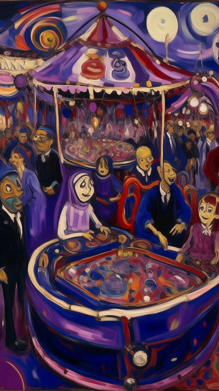 A purple pinball themed carnival painted by Edvard Munch