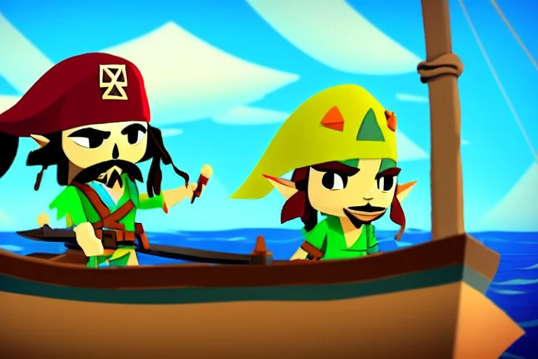 Cartoony Captain Jack Sparrow sailing on a small boat, in the middle of blue oceans, Legend Of Zelda: Wind Waker style, stylized, colorful, adventurous.