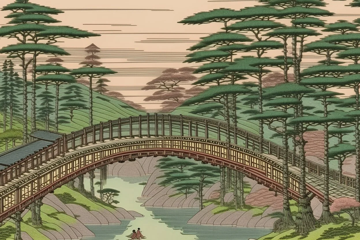 A grayish pink bridge near a forest painted by Utagawa Hiroshige