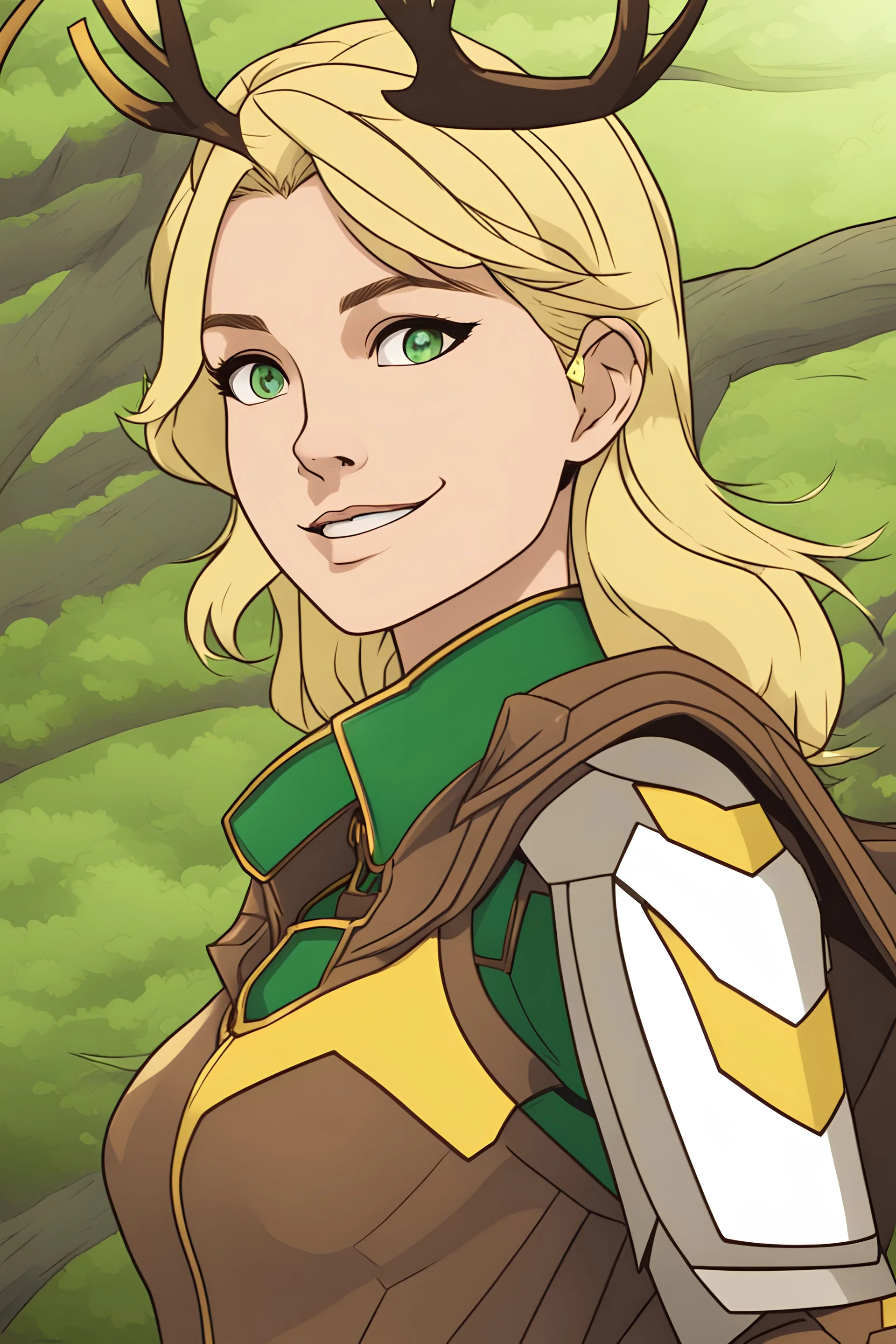 Young woman with blonde hair, vivid green eyes, antlers, yellow gold and brown Ranger armor, grinning, mischievious, forest background, RWBY animation style