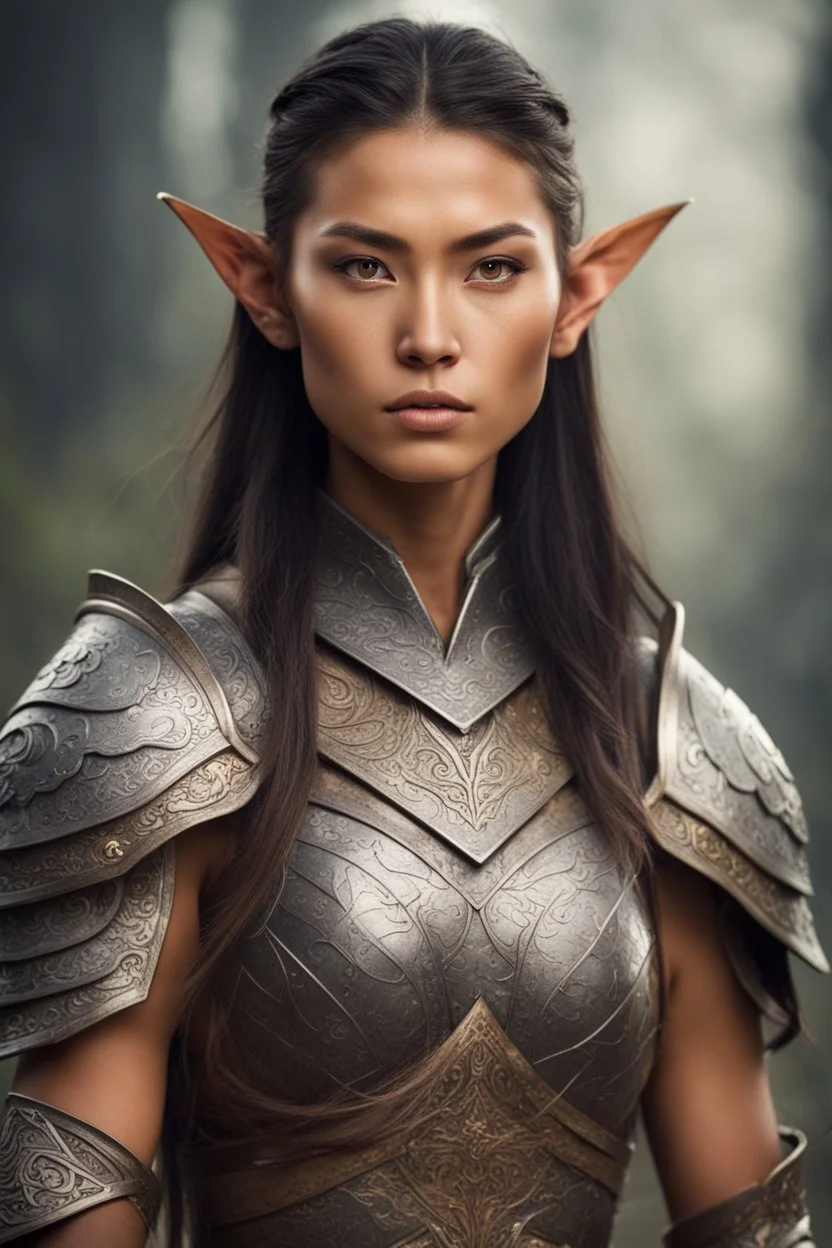 no pointed ears Young warrior woman with Asian eyes, tanned skin, serious look, wearing elven armor