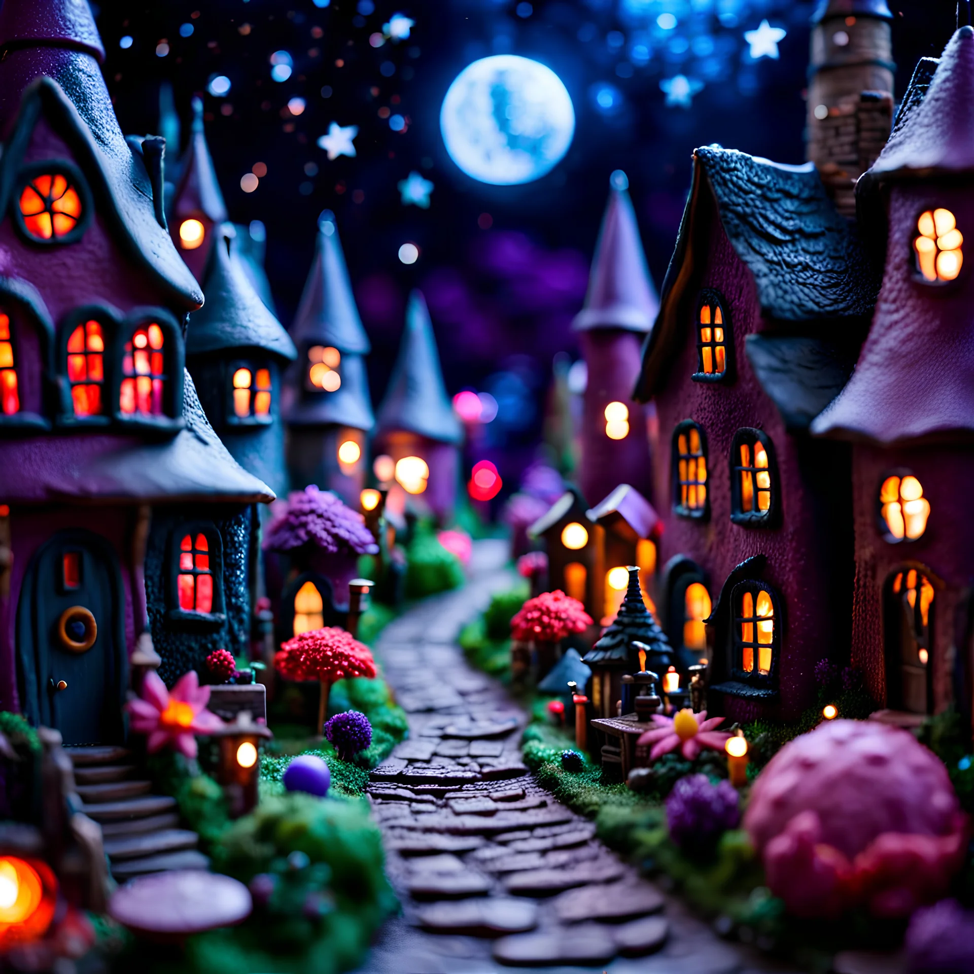 Detailed creepy street made of modeling clay, village, odd people, stars and planets, volumetric light flowers, naïve, Tim Burton, strong texture, extreme detail, Max Ernst, decal, rich moody colors, sparkles, Harry Potter, bokeh, odd