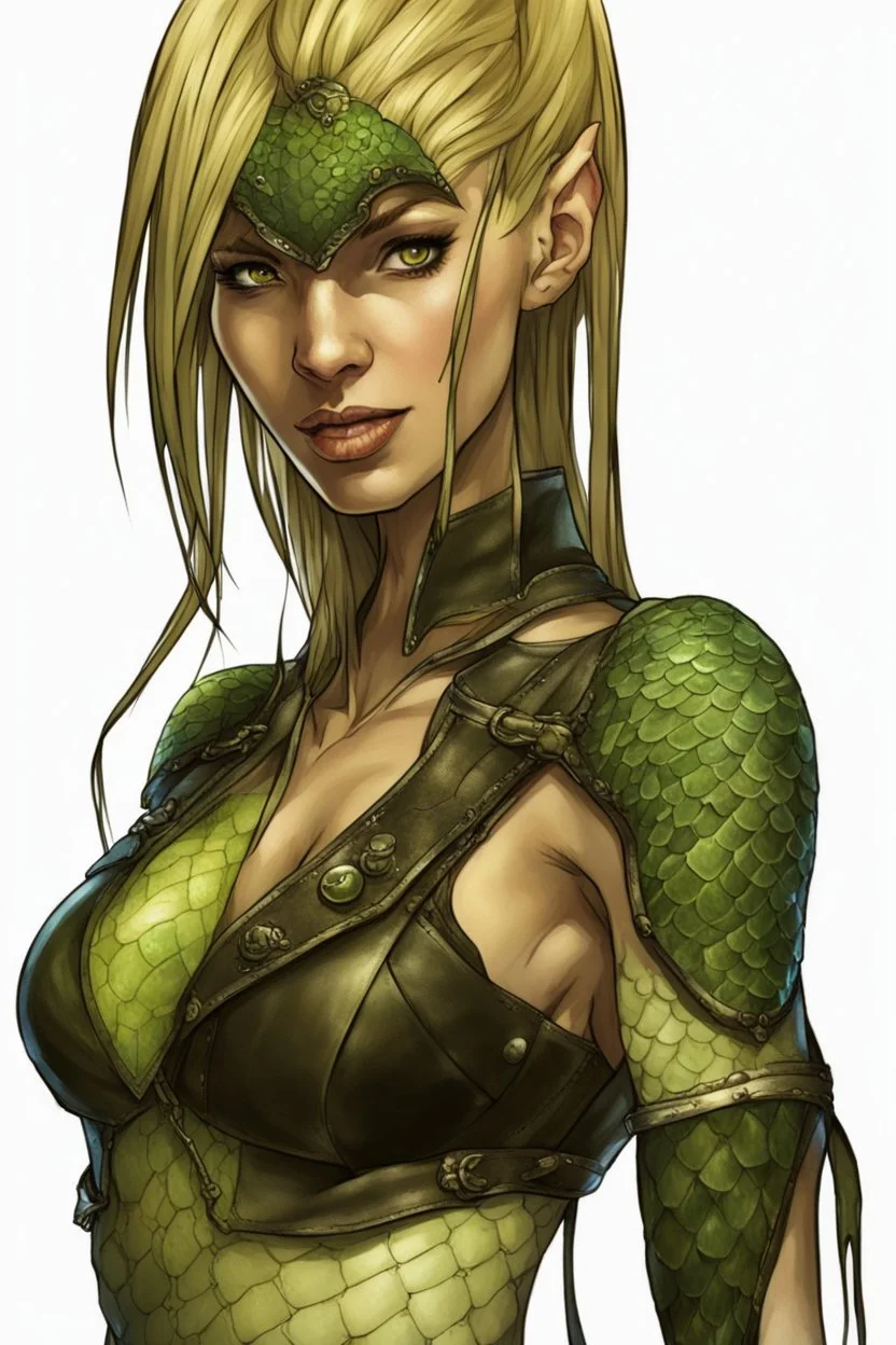 female snake humanoid, realistic, digital art, wearing a black leather armor, green scales, dungeons and dragons