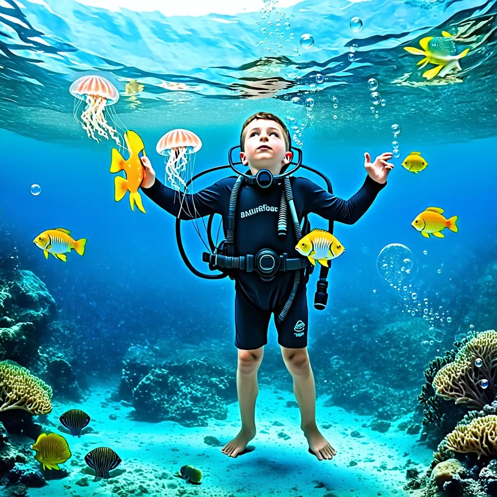 Make a image of a young boy wearing scuba gear, underwater with fish, jellyfish and bubbles. Low angle view looking up towards the surface of the Ocean, Photorealistic.