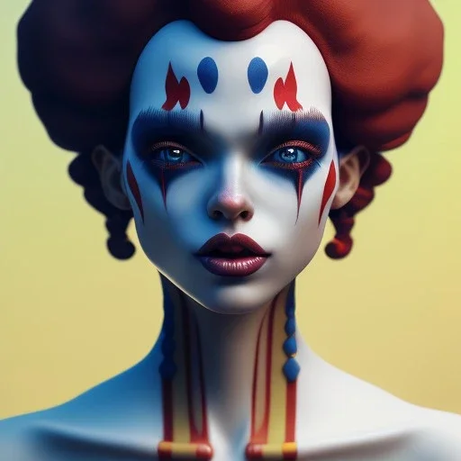 clown girl,beautiful real skin, symmetrical, curl hair, soft lighting, ultra detailed face, concept art, digital painting, looking into camera, octane render, art by artstation