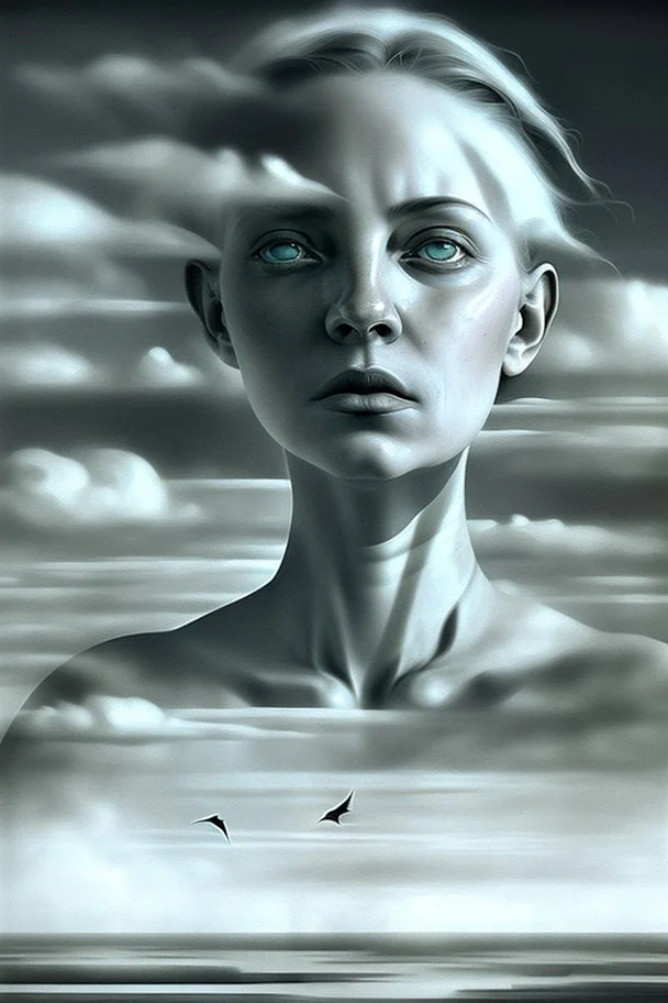 Surrealism, Dual Faces, Dream Imagery, Symbolism, Realism, Fantasy, Subconscious, Landscape, Time, Isolation, Mystery, Water, Birds, Clouds, Illusion, Human Psyche. two faces. One upright, one upside down. contemplative and mysterious. left eye is a barren landscape with a lone tree, the right eye contains a cloud-filled sky with birds flying. The mouth of the upright face is filled with water
