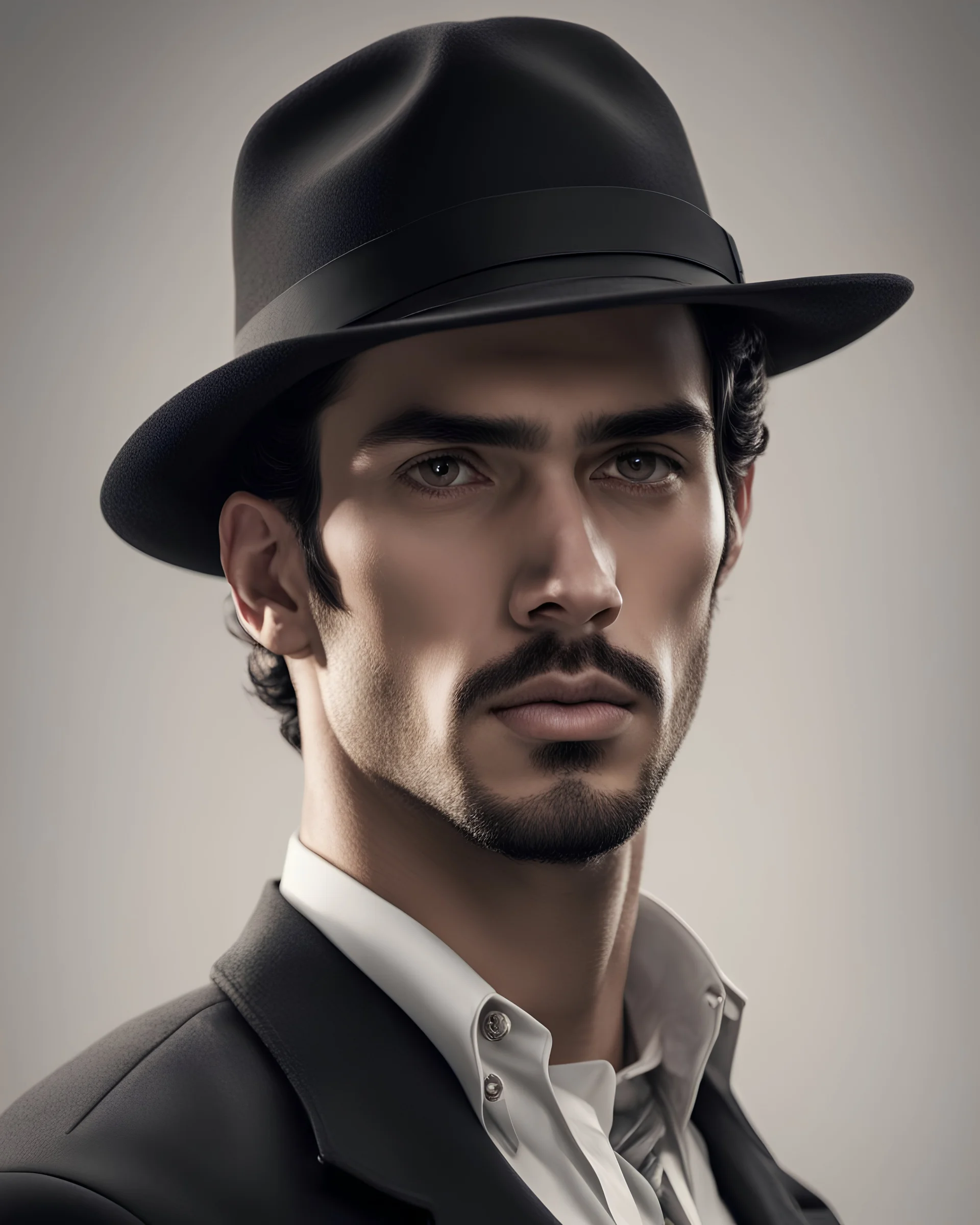 Man He wears Italian gangster clothes He is tall, , has a beautiful face, has brown eyes, and wears a black hat