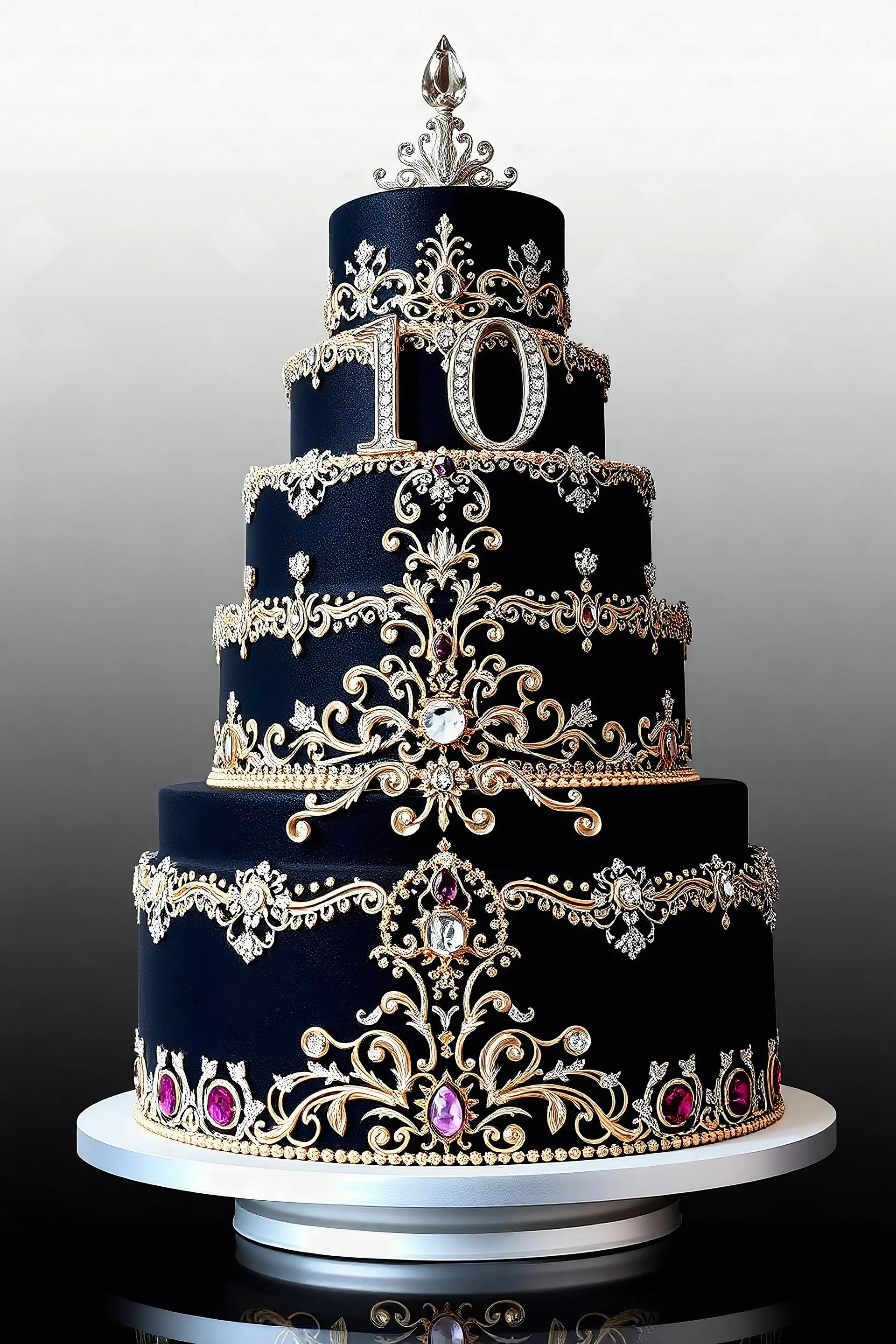 A large, black ornate wedding cake embellished with diamonds, gold and various colorful gemstones, crystals, and other decorative elements, with a number "10" candle on a black background