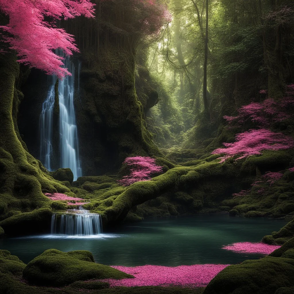 Generate a dreamy forest scene with ancient, moss-covered trees and soft, dappled sunlight filtering through the leaves. Include a hidden waterfall cascading into a crystal-clear pool."pool."nightlife."clouds."overhead."and pink."