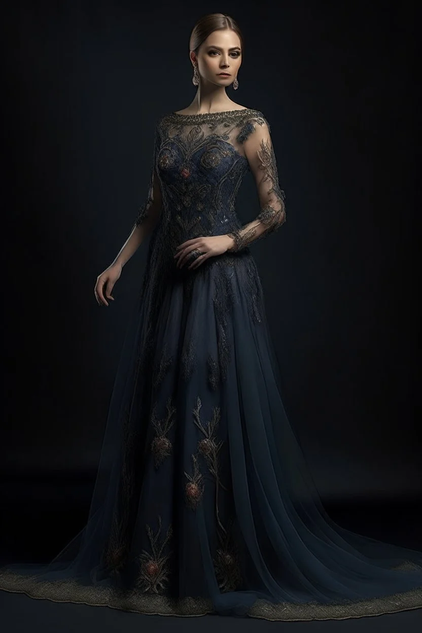 This gown is perfect for a formal event or evening party. It is made of a luxurious organza fabric and features a fitted bodice and a flowing skirt. The bodice is embellished with intricate embroidery and beadwork at the neckline and cuffs. The skirt is also embellished with embroidery and beadwork at the hemline.