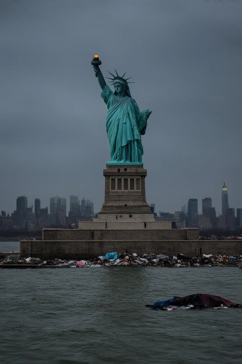 the statue of liberty, dress tattered an torn, her face solemn and terse, trash littered at her feet, the skyline dark and grungy