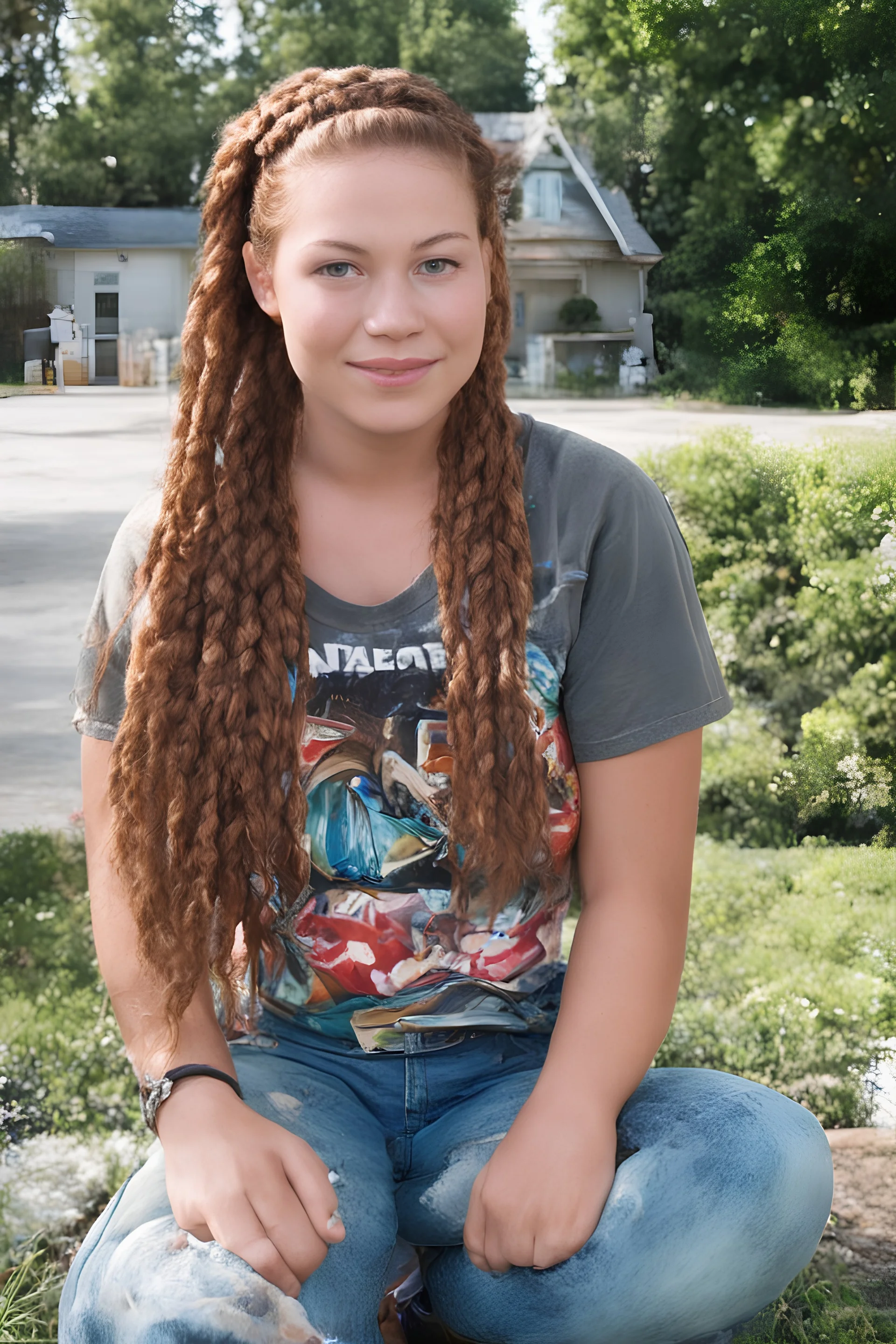 Sherrie Sue Engellant, a stacked, ((well-endowed:1.5)) 18-year-old girl with Long, auburn red-brown hair cornrow style, sea-green eyes, muscles, sitting in her front yard wearing a missing blouse, blue jeans, black converse sneakers, a sly, clever grin on her face, (plump, full, pouty lips) ,