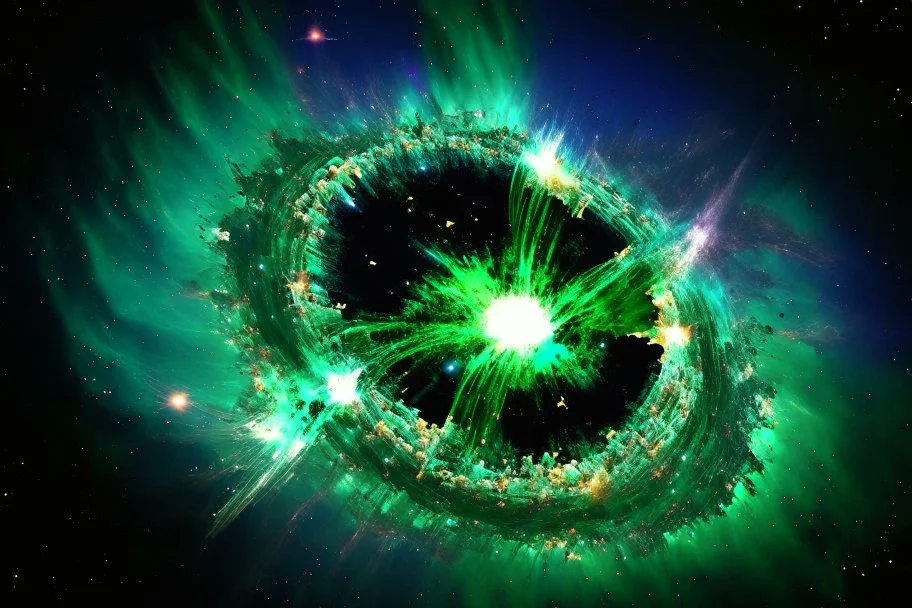 A supernova explosion's blast wave is spreading in a circle outward in all directions, overtaking green and blue worlds, ripping them apart and spreading debris into a ring around the dead star.