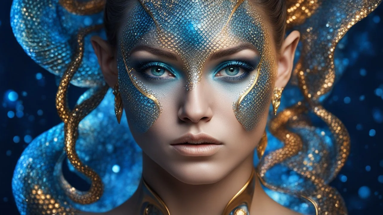 humanoid, double exposure, silver skin, fish scales, slender muscular warrior, tattoo, tentacles, gold, blue, copper-zinc orichalcum jewelry and piercing, beautiful face, mesmerizing starry eyes, smooth translucent skin, hourglass, glowing, glare, size DD.