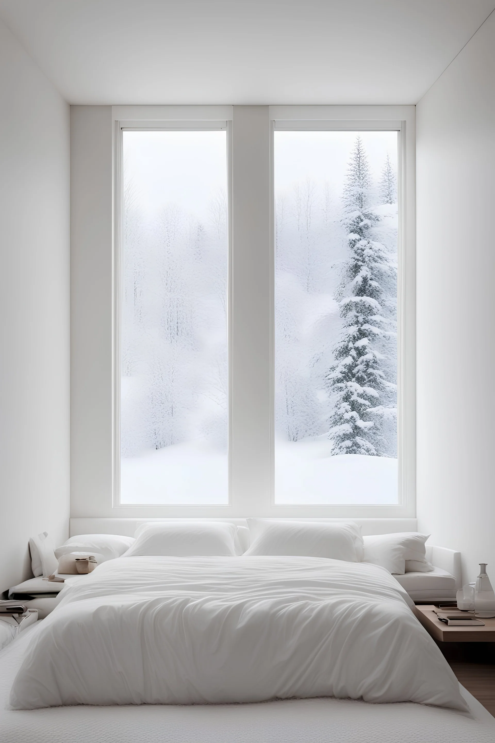 minimalism, white, modern, bedroom, big bed, a window, winter, basic, cozy, fancy