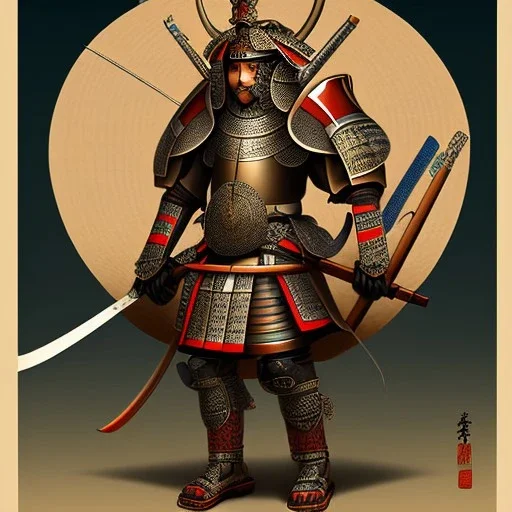 Ukiyo-e Style , Male Samuri in armour, full body