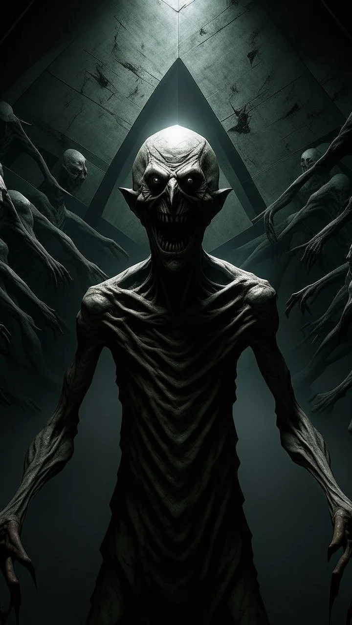 A demonic figure with a triangular body with long arms and creepy small eyes that is floating in a dark room